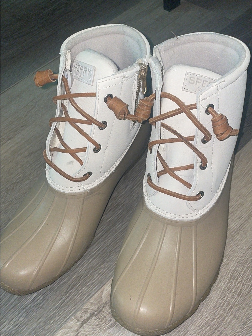 Sperry White and Tan Lace-Up Duck Boots